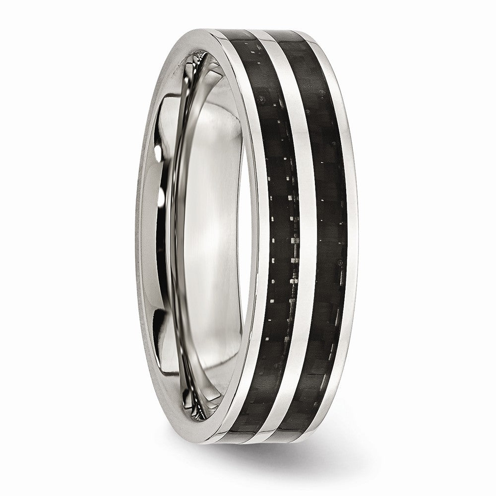 Chisel Stainless Steel 6mm Double Row Black Carbon Fiber Inlay Polished Wedding Band