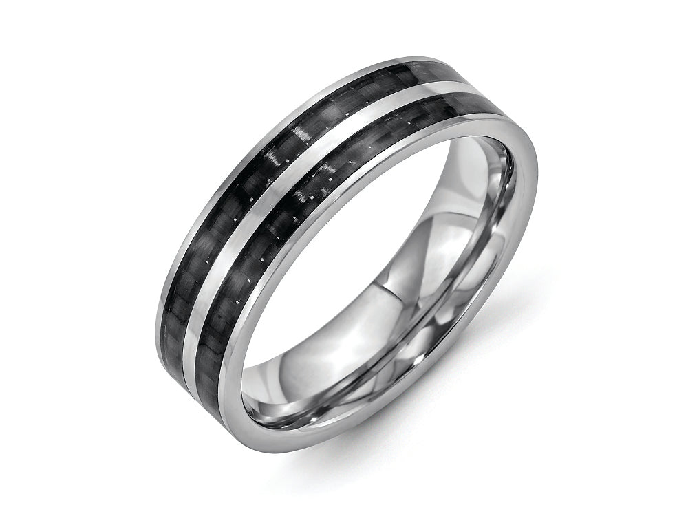 Chisel Stainless Steel 6mm Double Row Black Carbon Fiber Inlay Polished Wedding Band