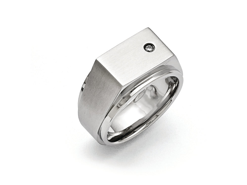Chisel Stainless Steel Polished And Brushed CZ Signet Ring