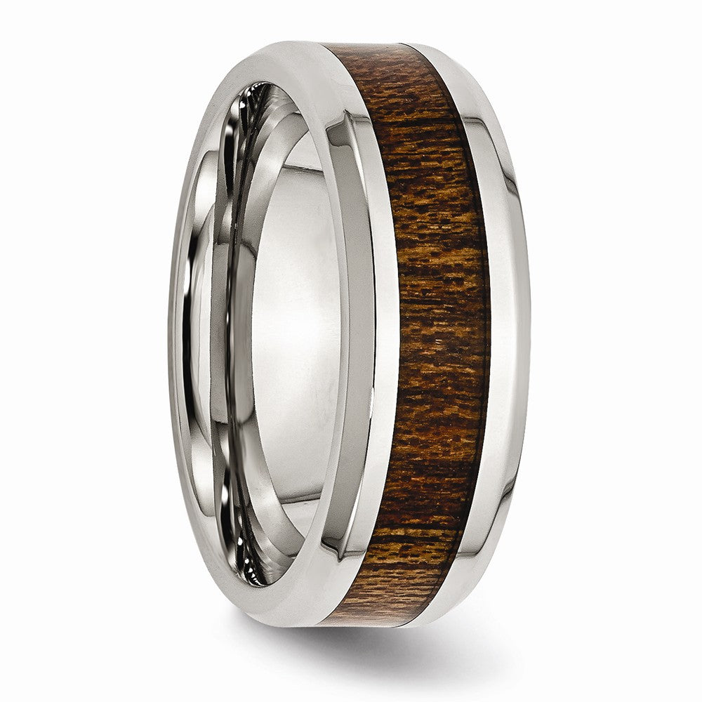 Chisel Stainless Steel Polished Brown Wood Inlay Enameled 8.00mm Ring