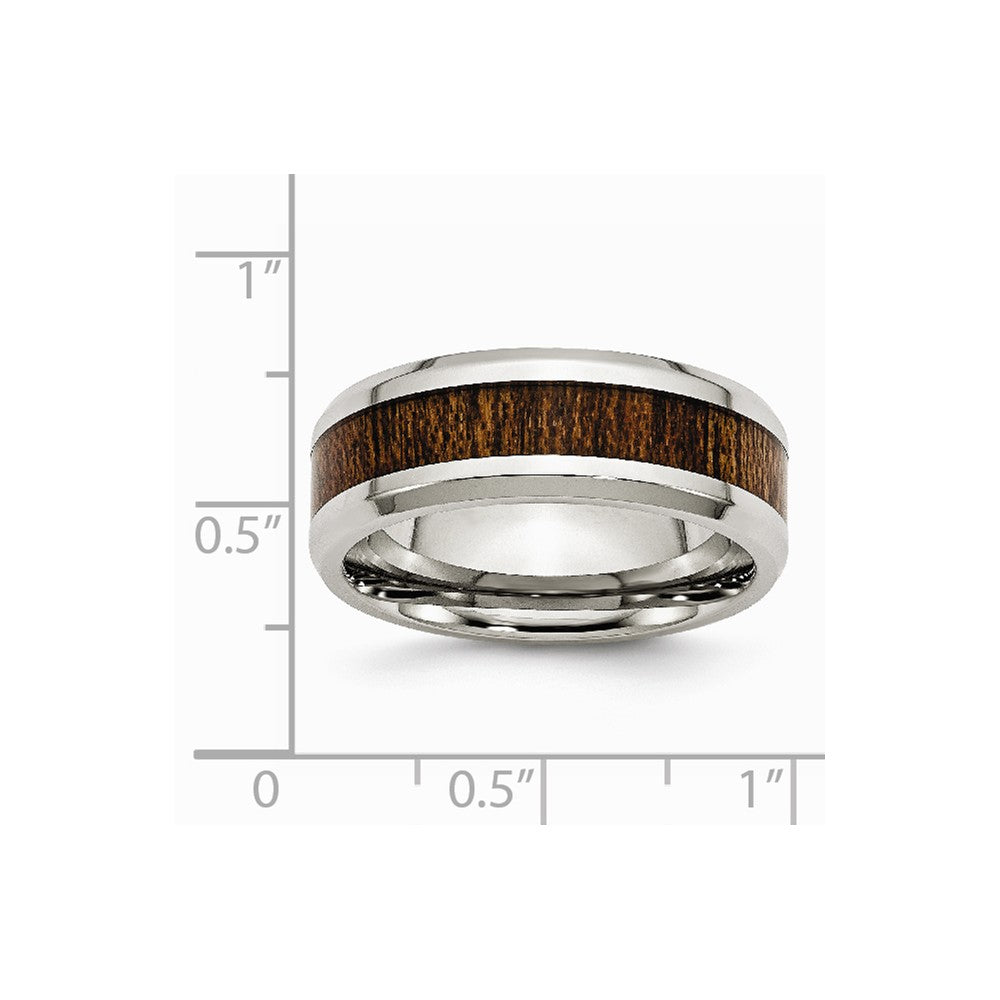 Chisel Stainless Steel Polished Brown Wood Inlay Enameled 8.00mm Ring