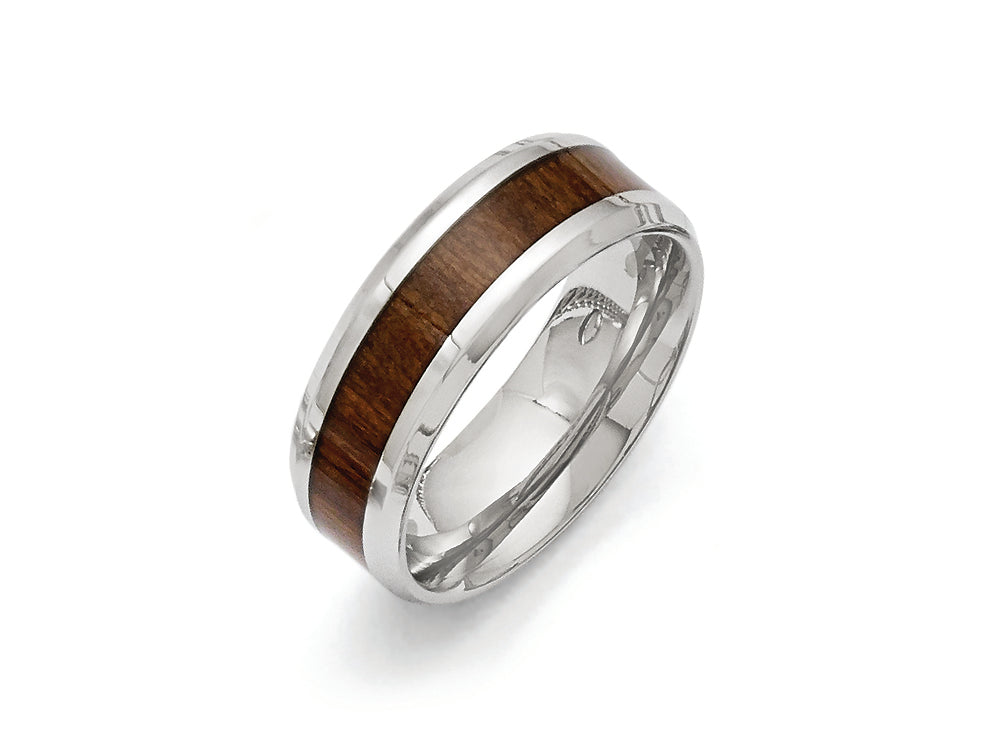 Chisel Stainless Steel Polished Brown Wood Inlay Enameled 8.00mm Ring
