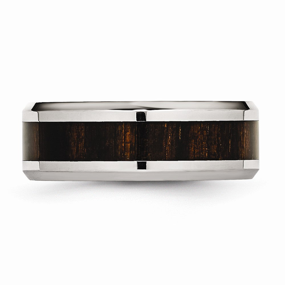 Chisel Stainless Steel Polished Black Wood Inlay Enameled 8.00mm Ring