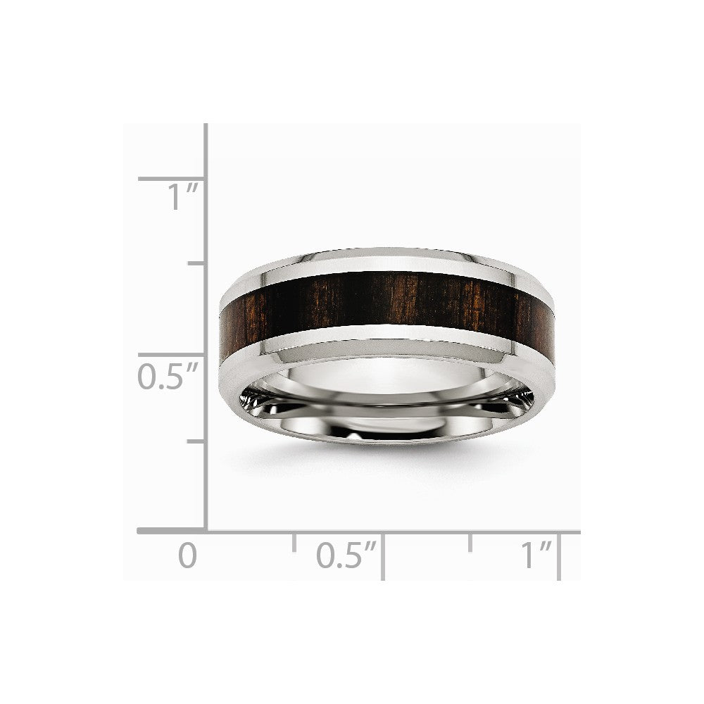 Chisel Stainless Steel Polished Black Wood Inlay Enameled 8.00mm Ring