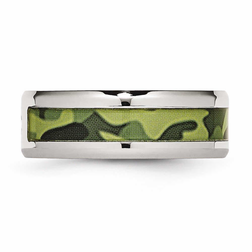 Chisel Stainless Steel Polished W/ CZ Printed Green Camo Under Rubber Wedding Band