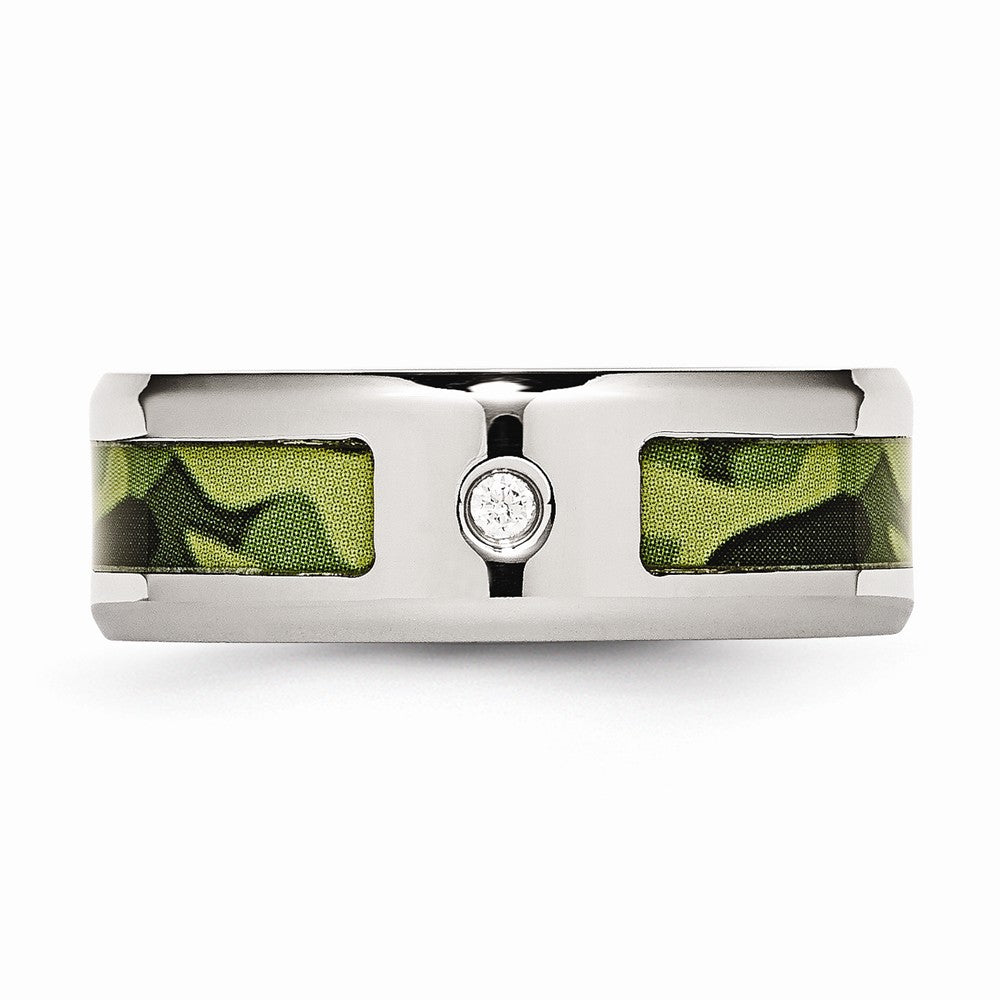 Chisel Stainless Steel Polished W/ CZ Printed Green Camo Under Rubber Wedding Band