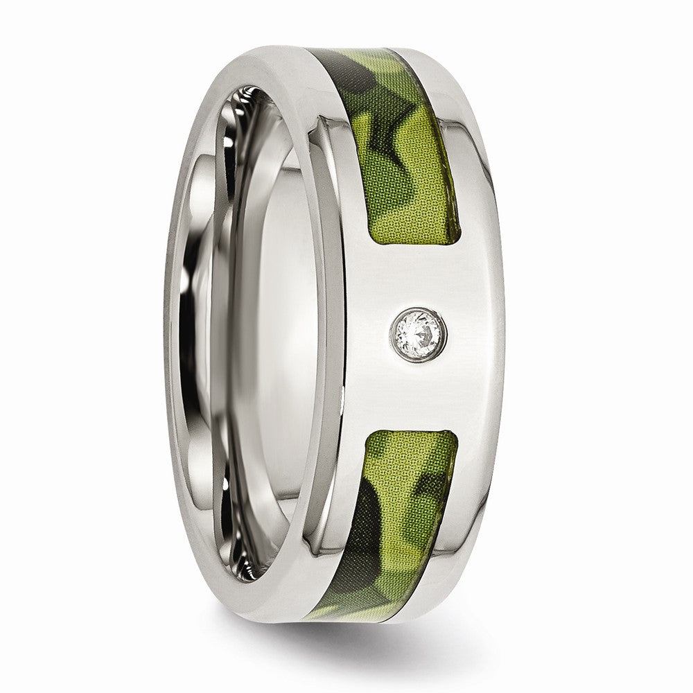 Chisel Stainless Steel Polished W/ CZ Printed Green Camo Under Rubber Wedding Band