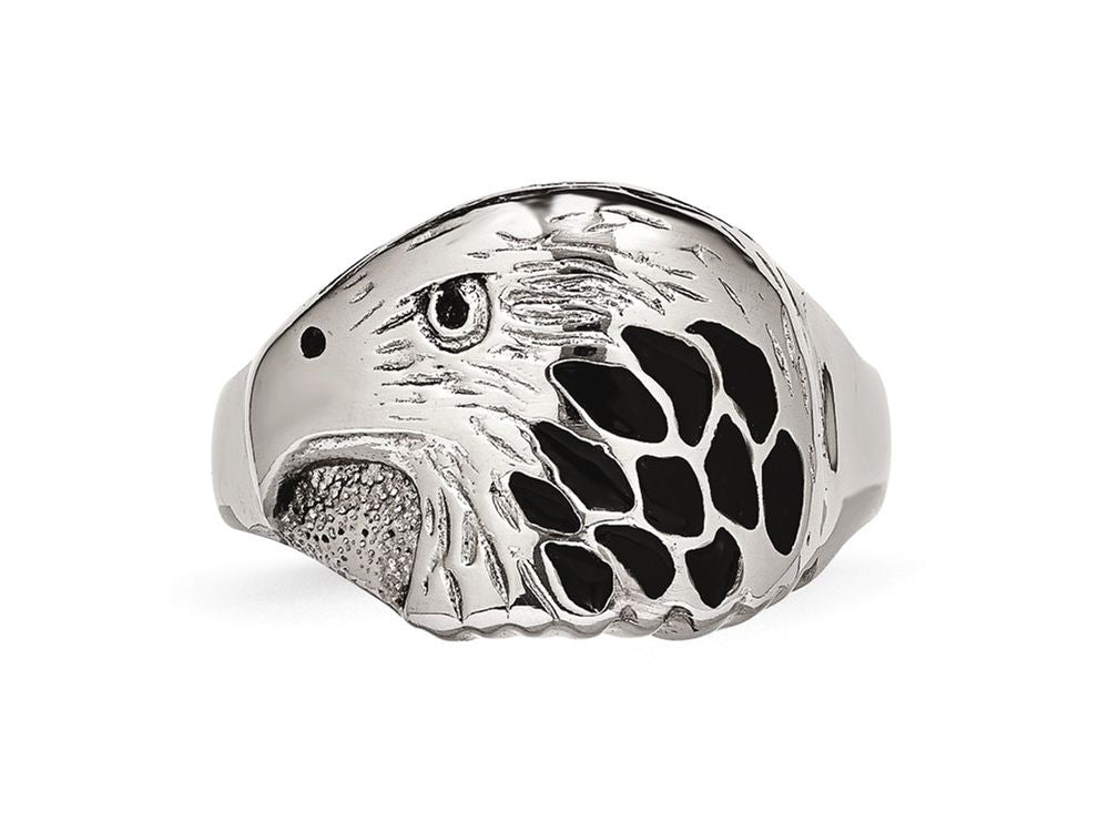 Chisel Stainless Steel Polished Black Enameled Eagle Ring