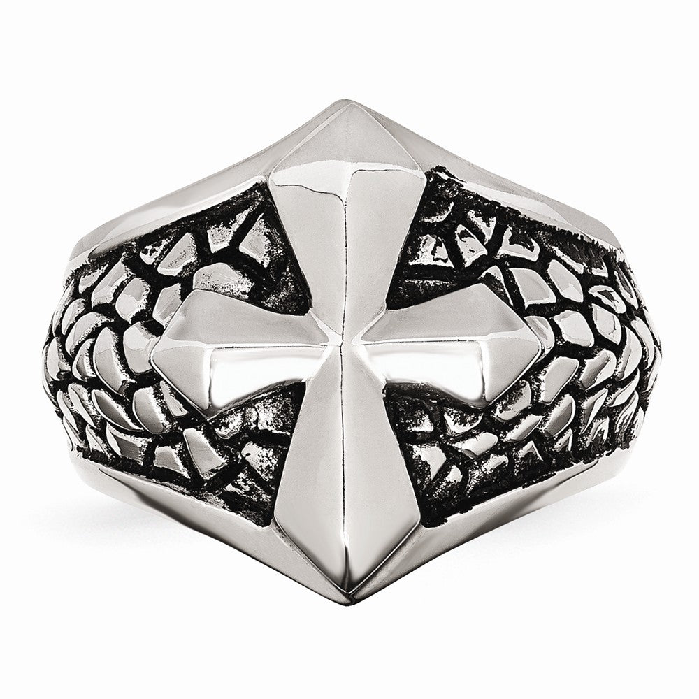 Chisel Stainless Steel Antiqued Cross and Caviar Ring