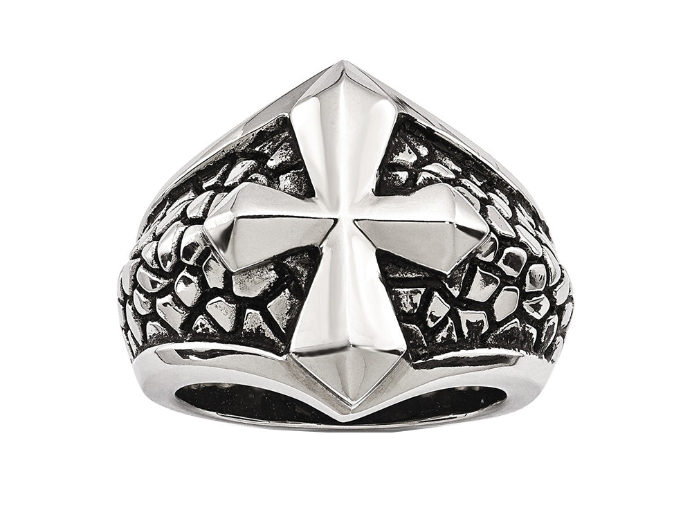 Chisel Stainless Steel Antiqued Cross and Caviar Ring