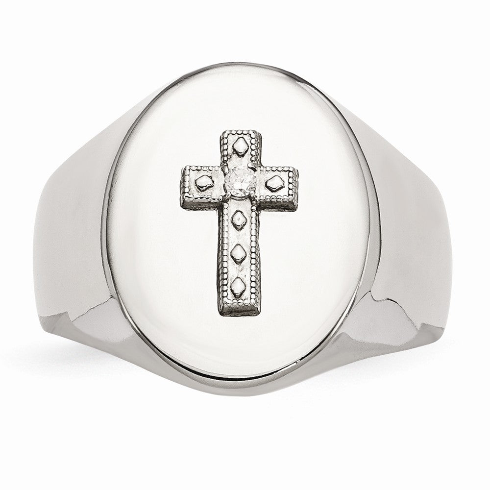 Chisel Stainless Steel Polished Cross CZ Signet Ring