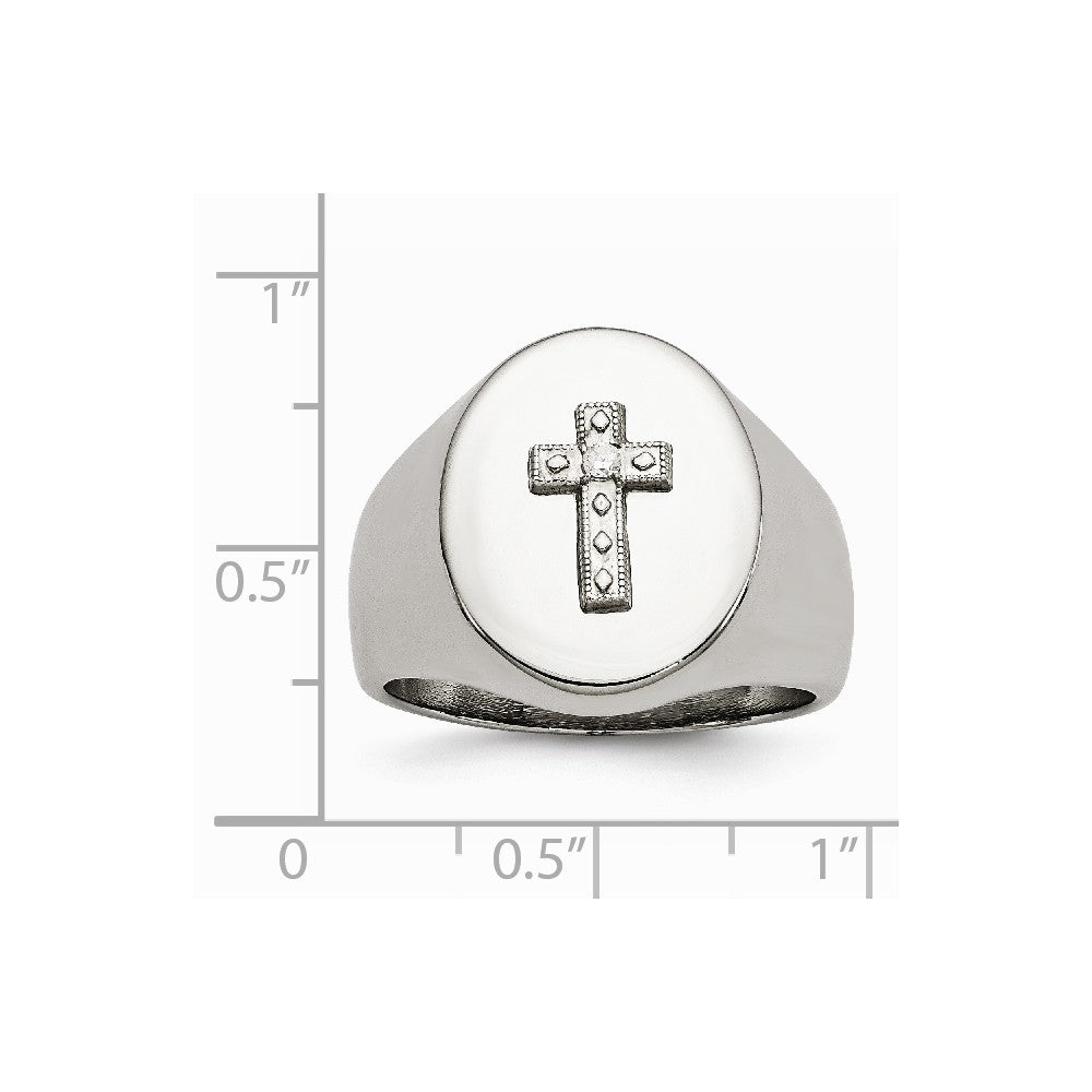 Chisel Stainless Steel Polished Cross CZ Signet Ring