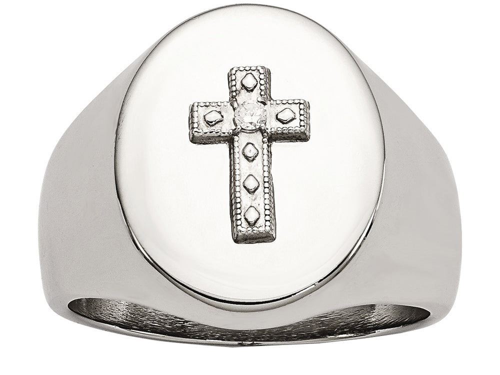 Chisel Stainless Steel Polished Cross CZ Signet Ring
