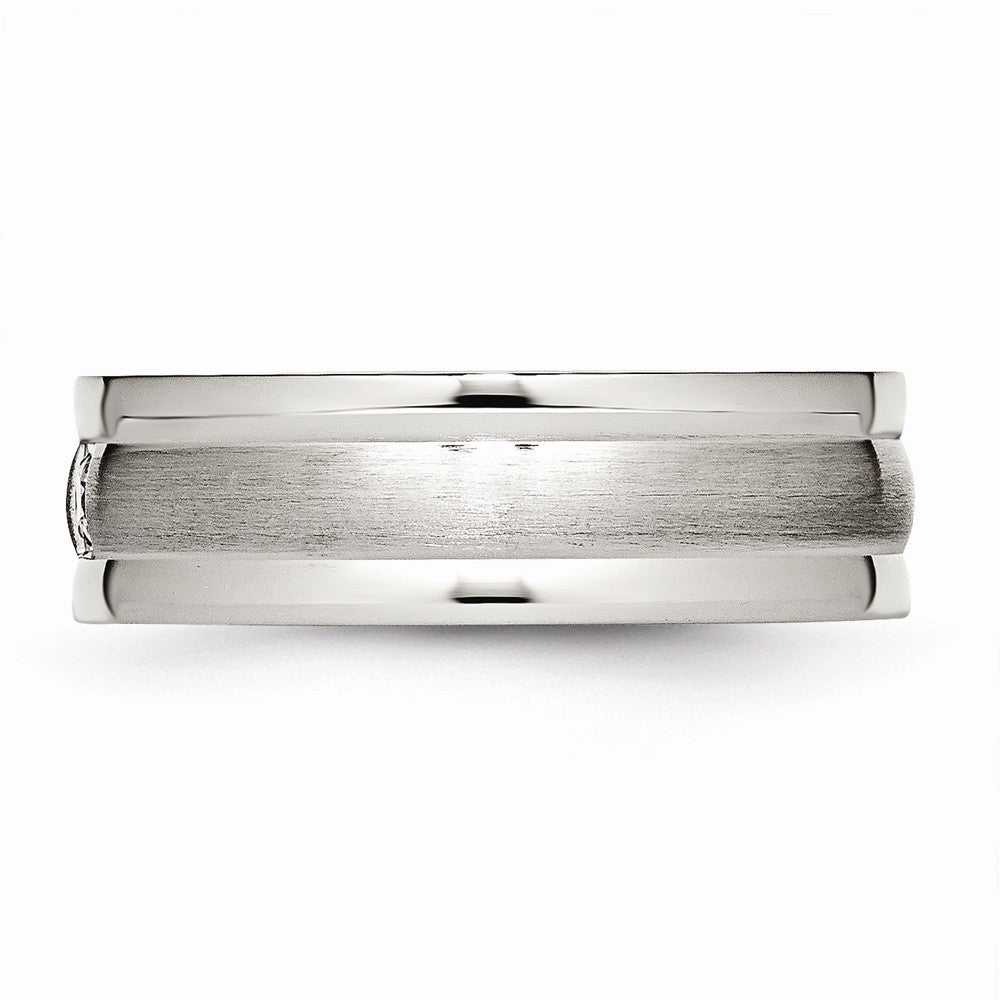 Chisel Stainless Steel Polished And Brushed Grooved CZ Ring