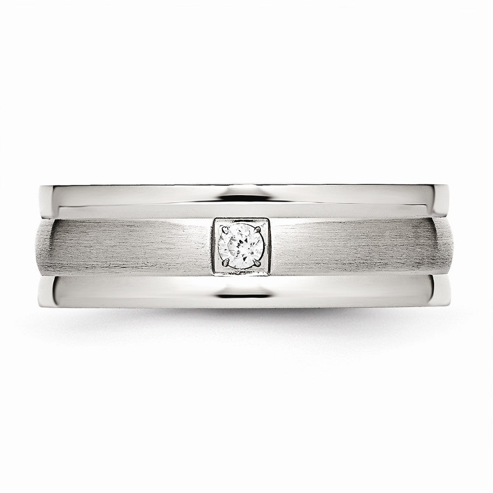 Chisel Stainless Steel Polished And Brushed Grooved CZ Ring