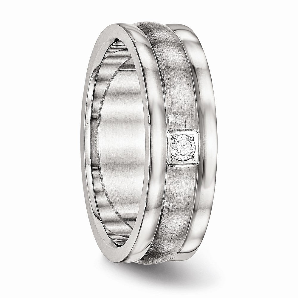 Chisel Stainless Steel Polished And Brushed Grooved CZ Ring