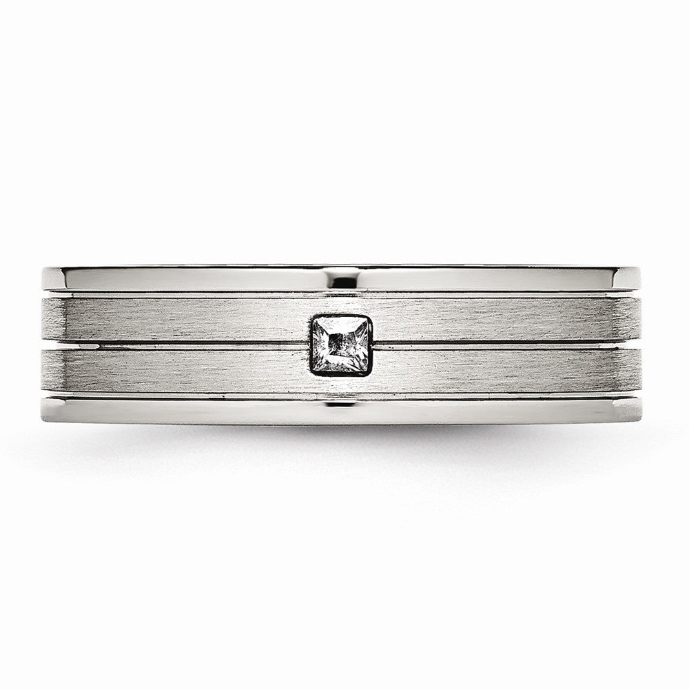 Chisel Stainless Steel Brushed And Polished Grooved CZ Ring