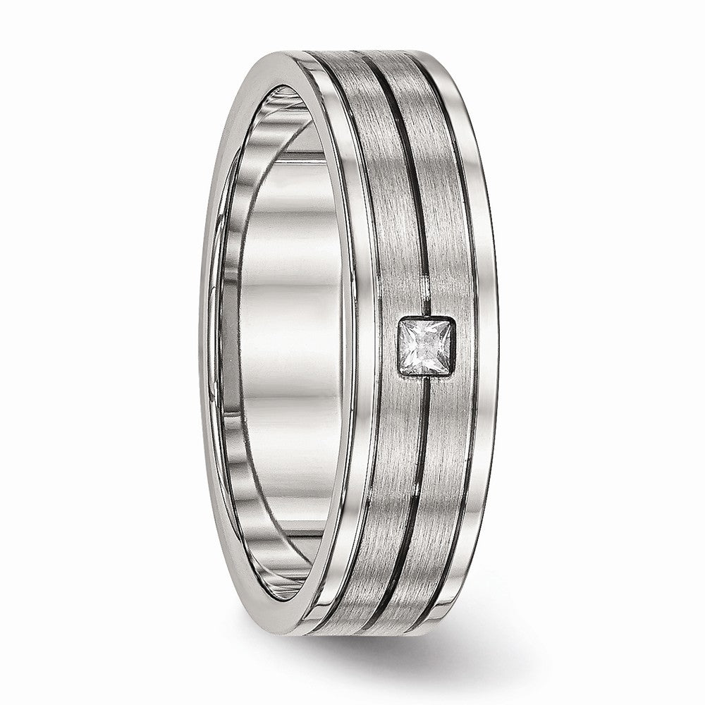 Chisel Stainless Steel Brushed And Polished Grooved CZ Ring