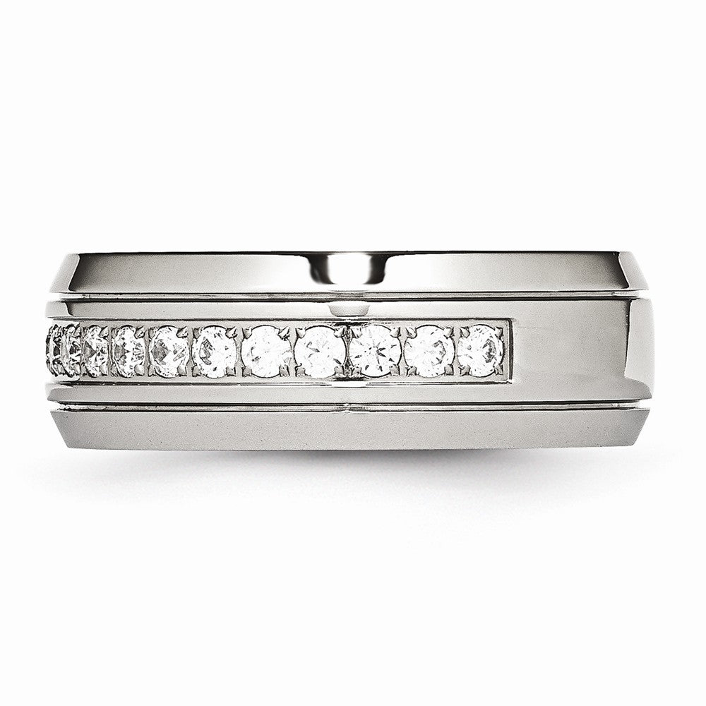 Chisel Stainless Steel Polished Half Round Grooved CZ Ring