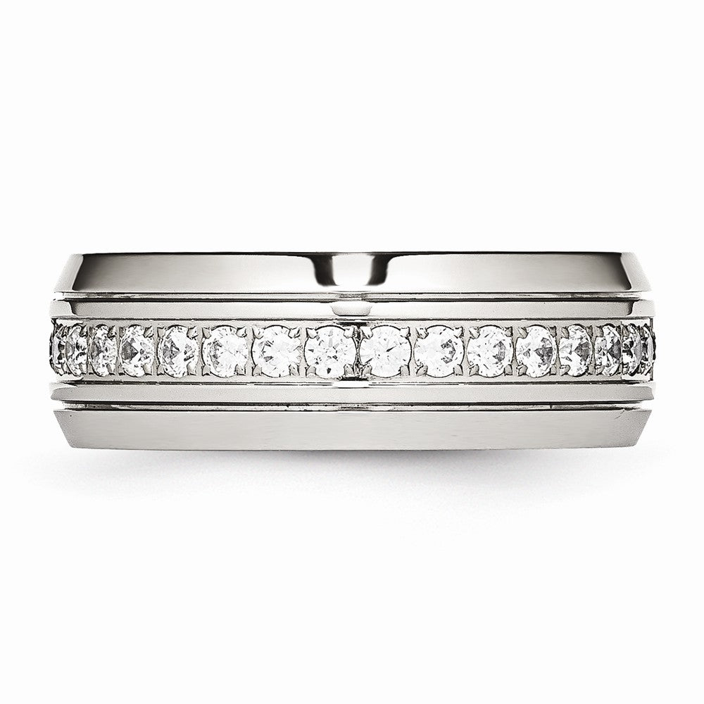 Chisel Stainless Steel Polished Half Round Grooved CZ Ring
