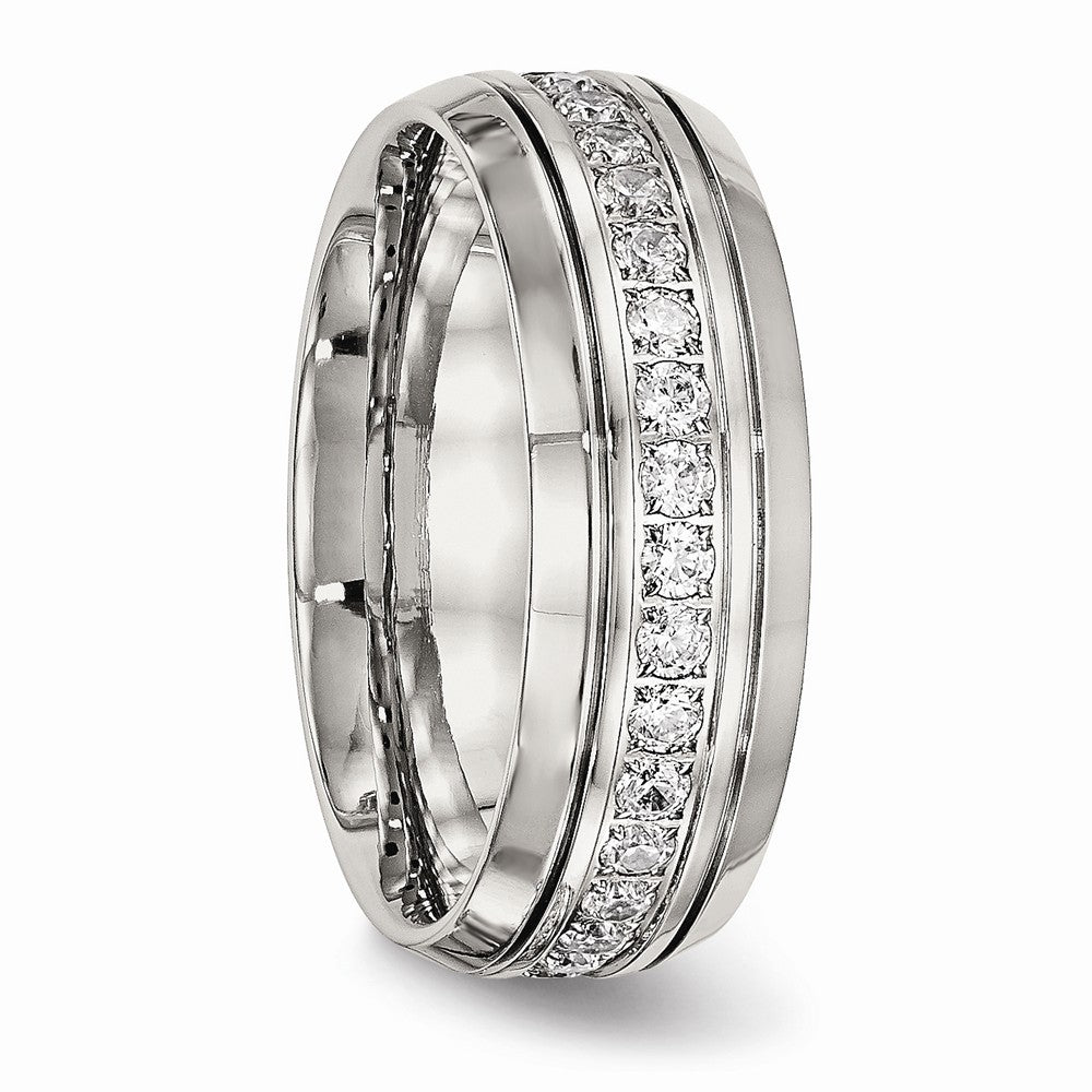 Chisel Stainless Steel Polished Half Round Grooved CZ Ring