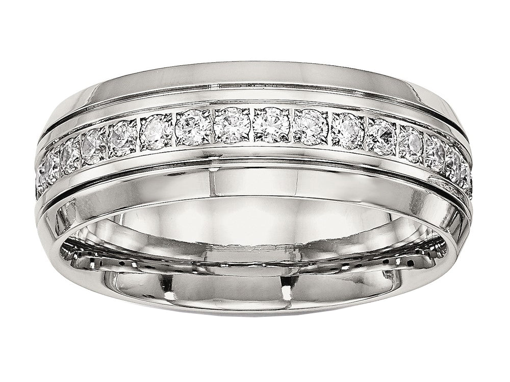 Chisel Stainless Steel Polished Half Round Grooved CZ Ring
