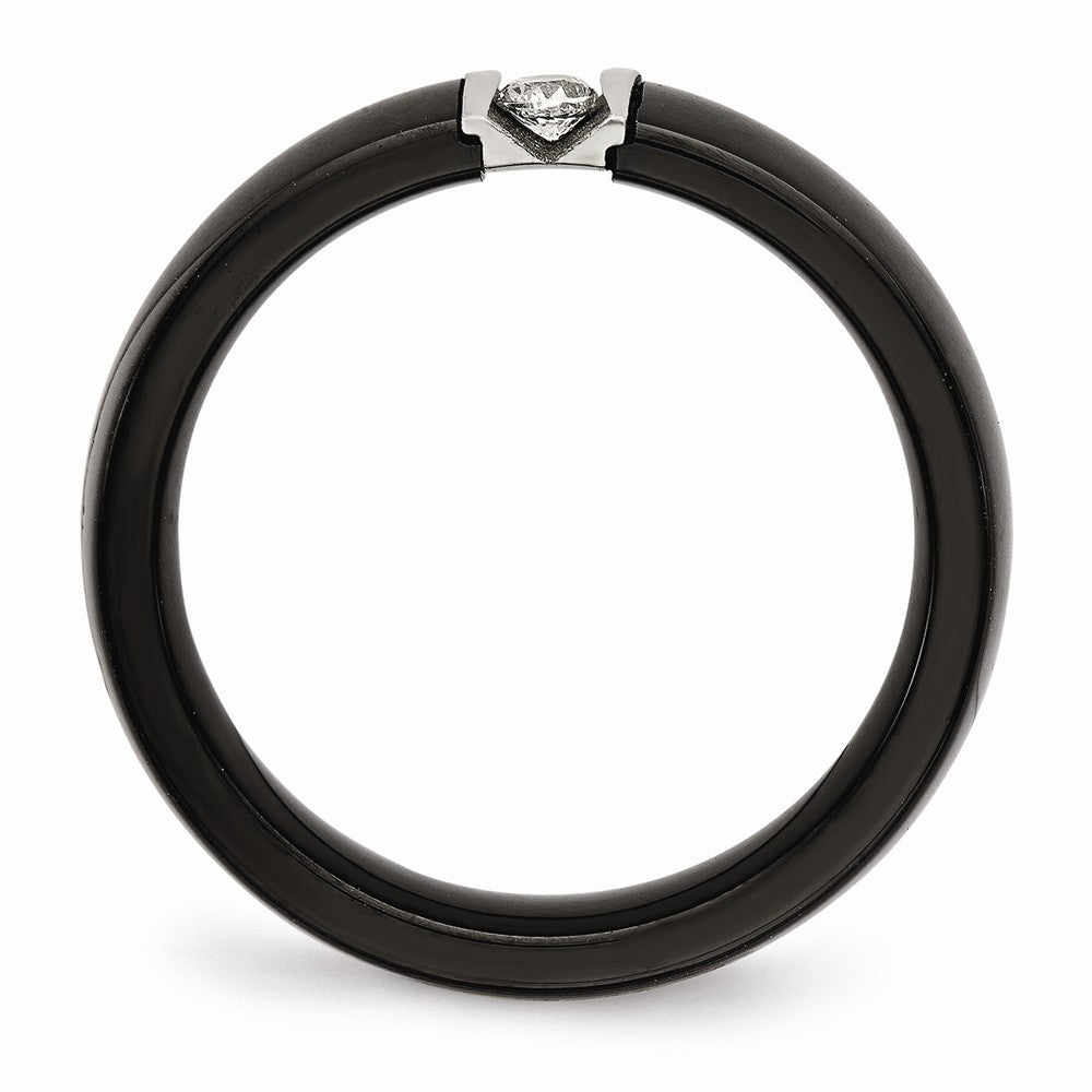 Chisel Stainless Steel Polished and Laser Cut Black Ceramic CZ Ring