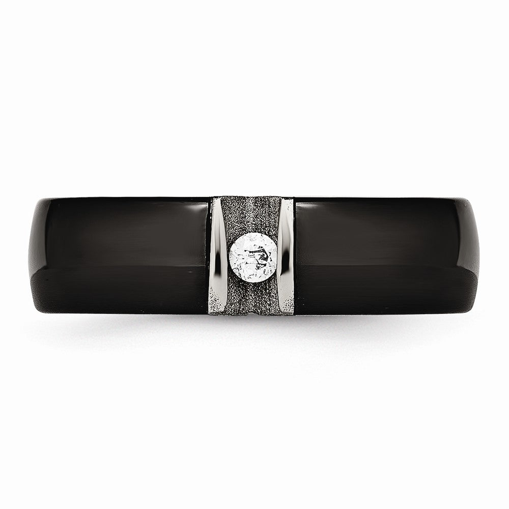 Chisel Stainless Steel Polished and Laser Cut Black Ceramic CZ Ring