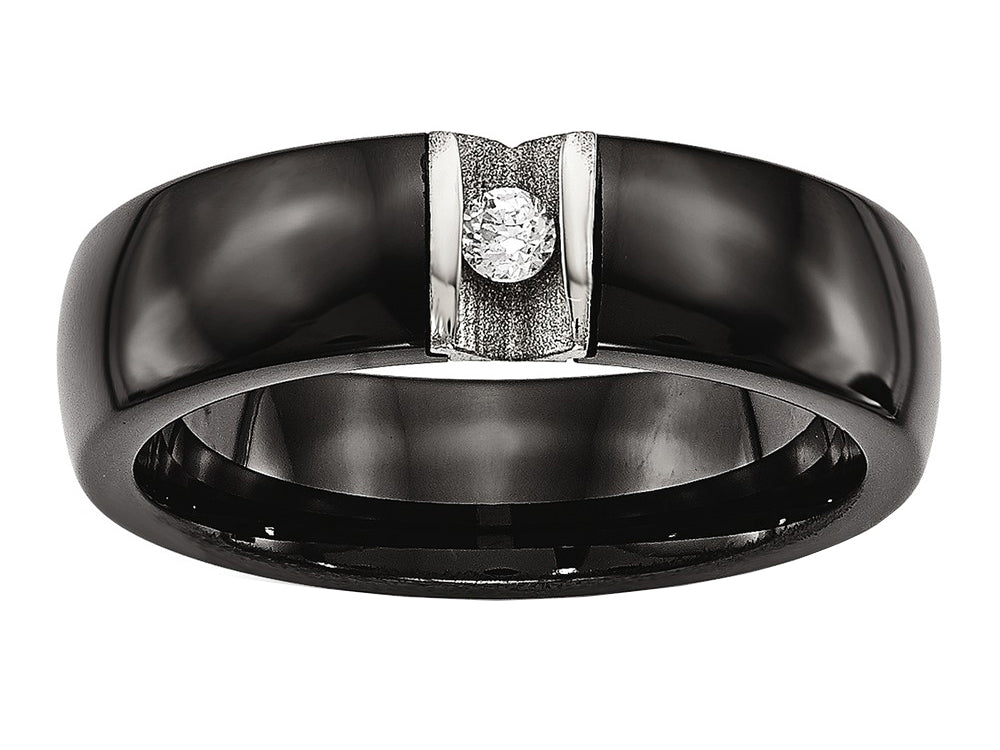 Chisel Stainless Steel Polished and Laser Cut Black Ceramic CZ Ring