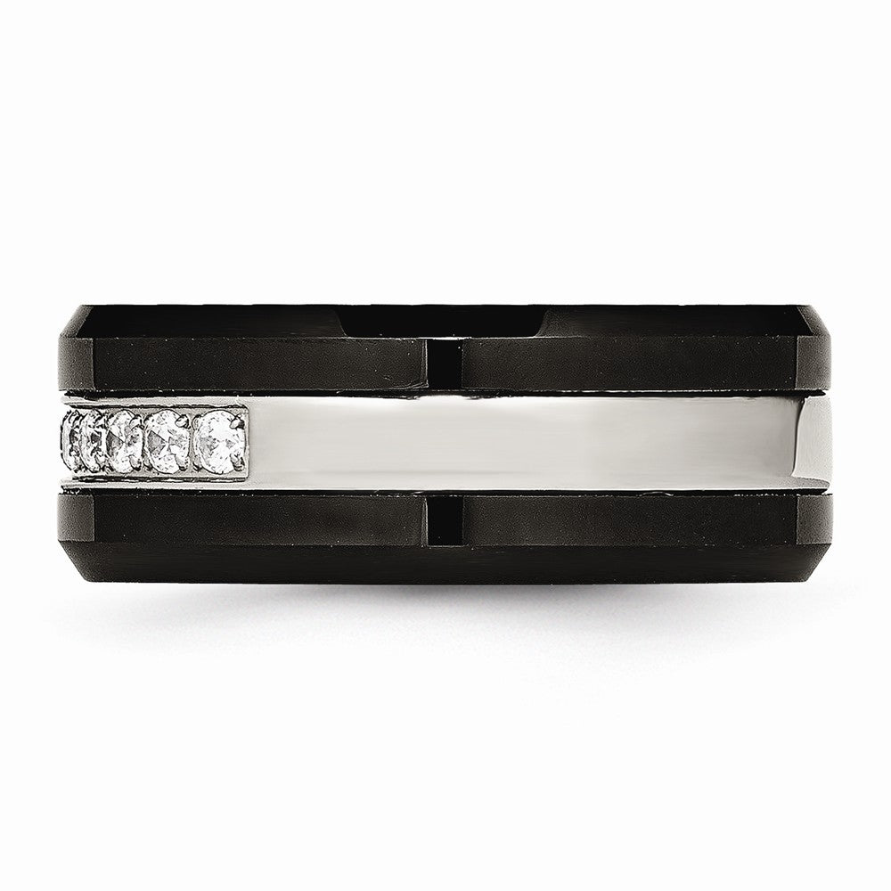 Chisel Stainless Steel Polished Black Ceramic CZ Beveled Edge Ring