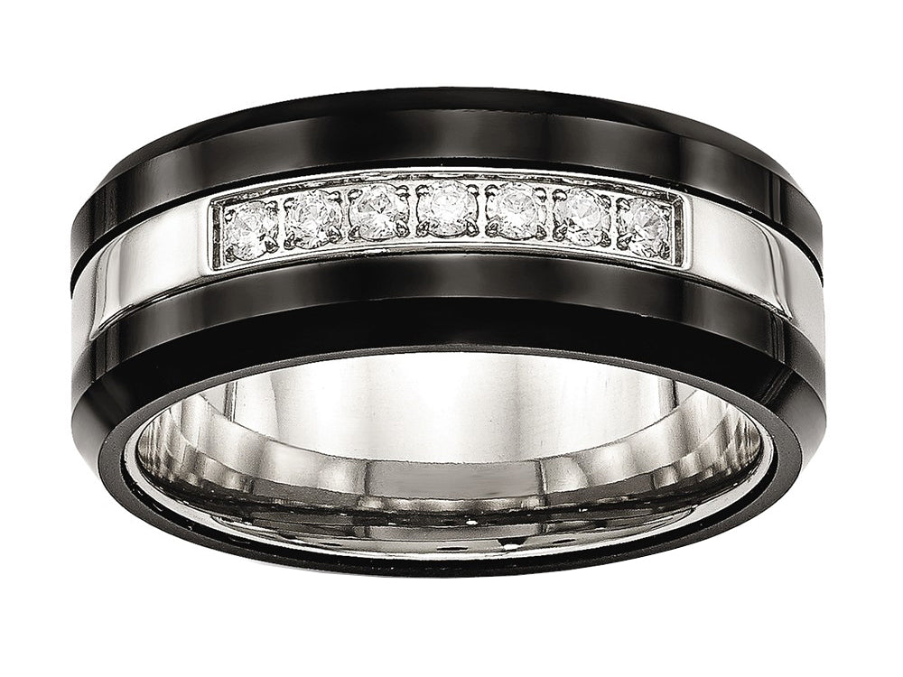 Chisel Stainless Steel Polished Black Ceramic CZ Beveled Edge Ring