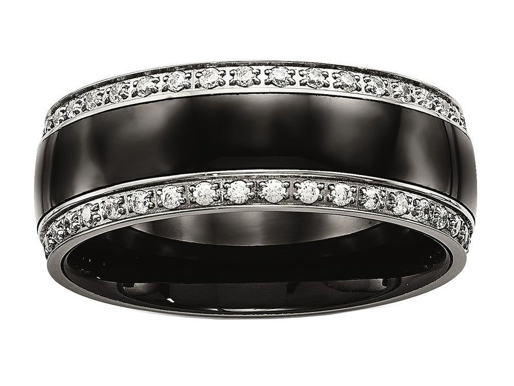 Chisel Stainless Steel Polished Black Ceramic CZ Ring