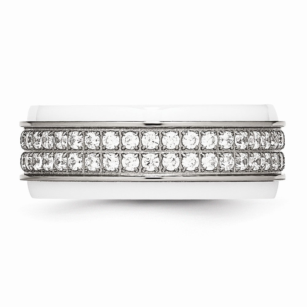 Chisel Stainless Steel Polished White Ceramic CZ Ridged Edge Ring