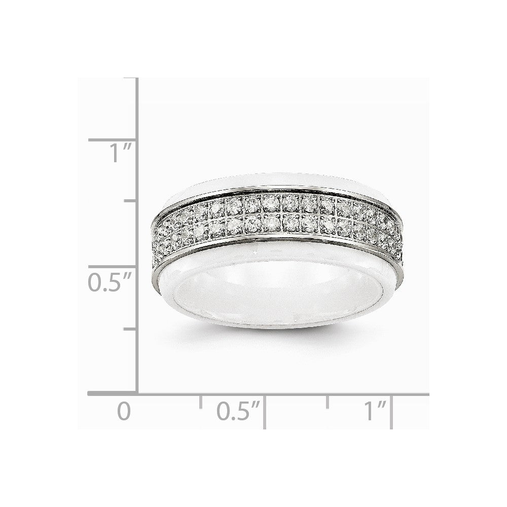 Chisel Stainless Steel Polished White Ceramic CZ Ridged Edge Ring