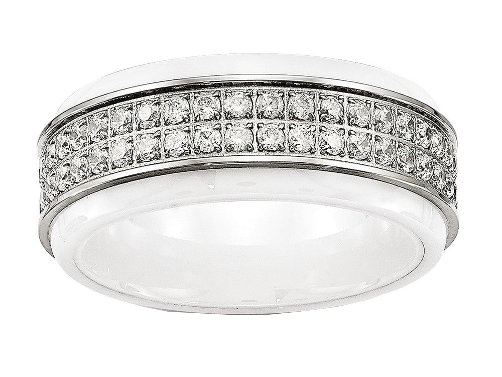 Chisel Stainless Steel Polished White Ceramic CZ Ridged Edge Ring
