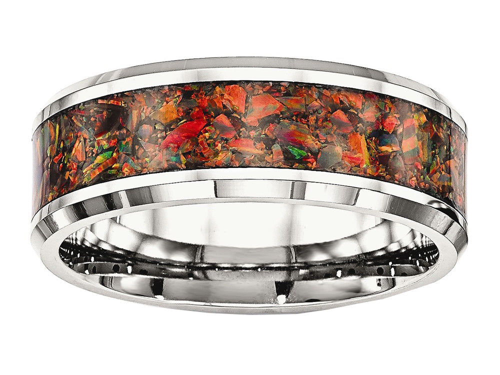 Chisel Stainless Steel Polished With Red Imitation Opal 8mm Men's Ring