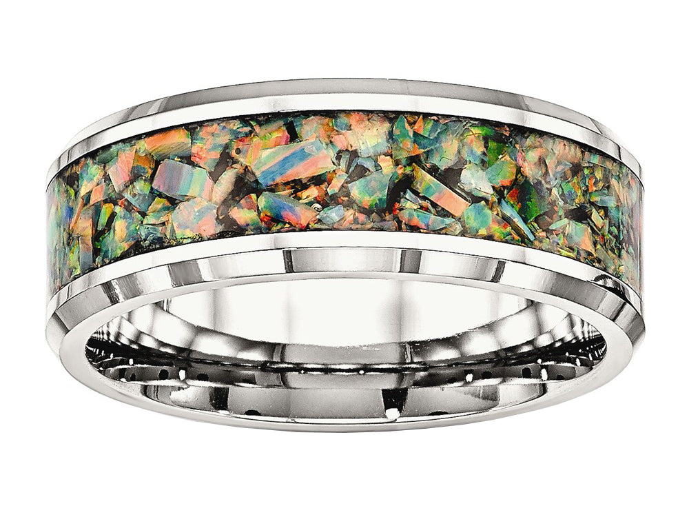 Chisel Stainless Steel Polished With Imitation Opal 8mm Men's Ring