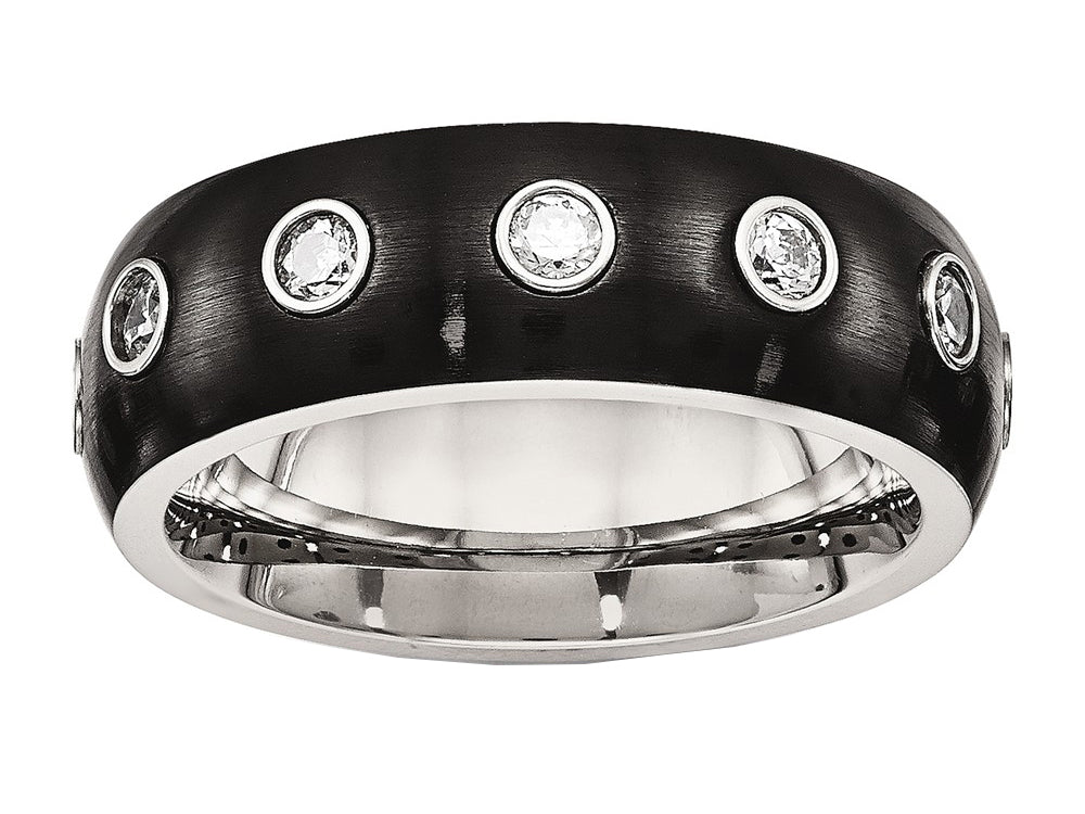 Chisel Stainless Steel Brushed And Polished Black Ip CZ Half Round Ring