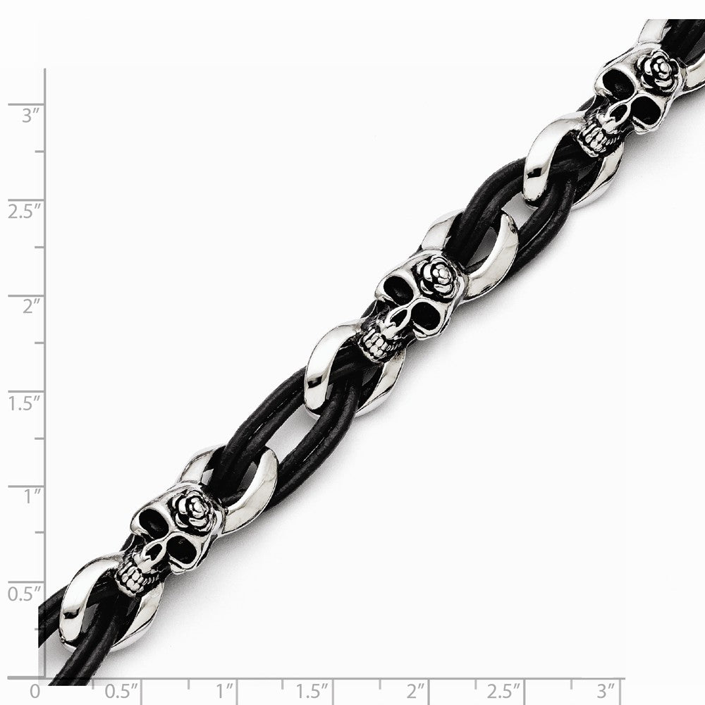 Chisel Stainless Steel Polished Skulls/roses Leather Bracelet
