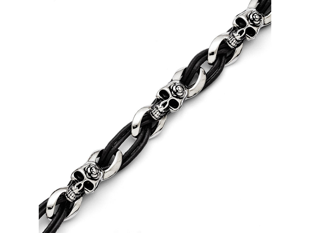 Chisel Stainless Steel Polished Skulls/roses Leather Bracelet