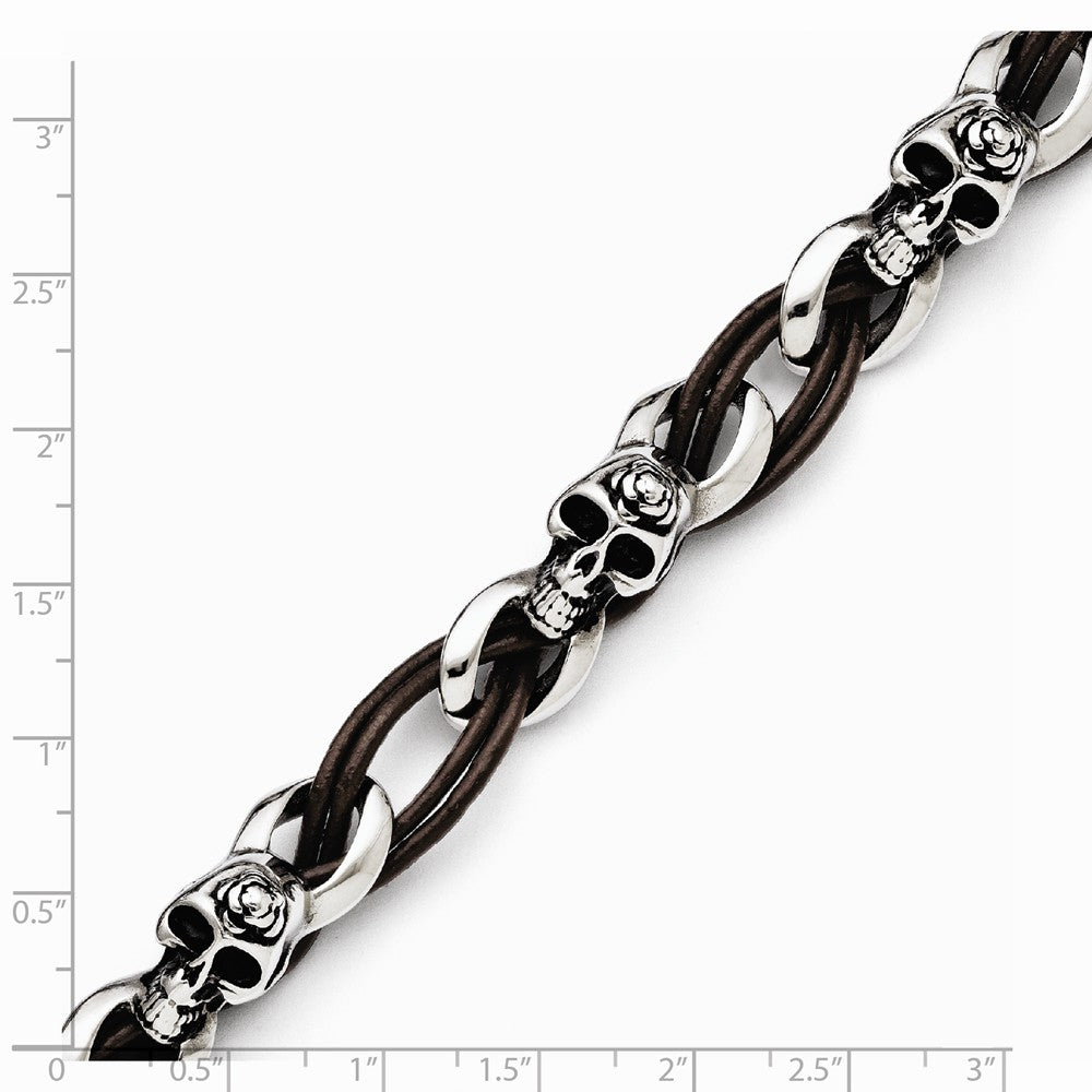 Chisel Stainless Steel Polished Skulls/roses Brown Leather Bracelet