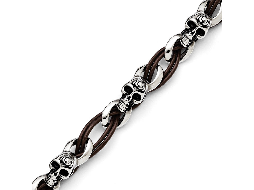 Chisel Stainless Steel Polished Skulls/roses Brown Leather Bracelet