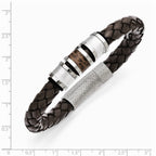 Chisel Stainless Steel Polished Brown Leather Black Rubber Bracelet