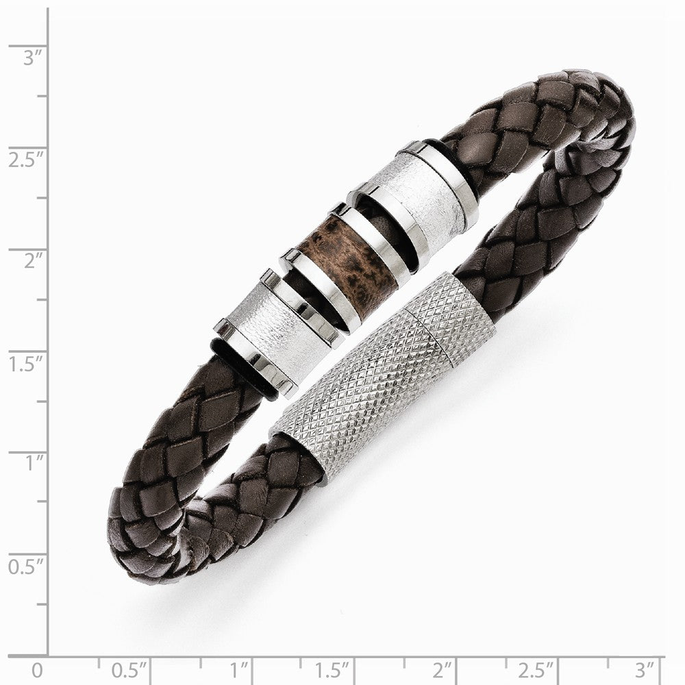 Chisel Stainless Steel Polished Brown Leather Black Rubber Bracelet