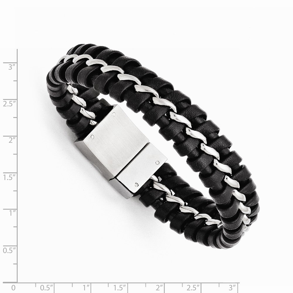 Chisel Stainless Steel Black Leather Brushed And Polished Bracelet