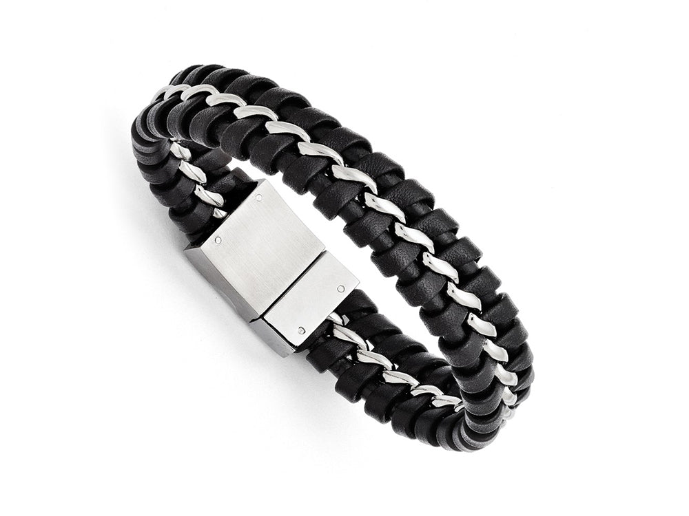 Chisel Stainless Steel Black Leather Brushed And Polished Bracelet