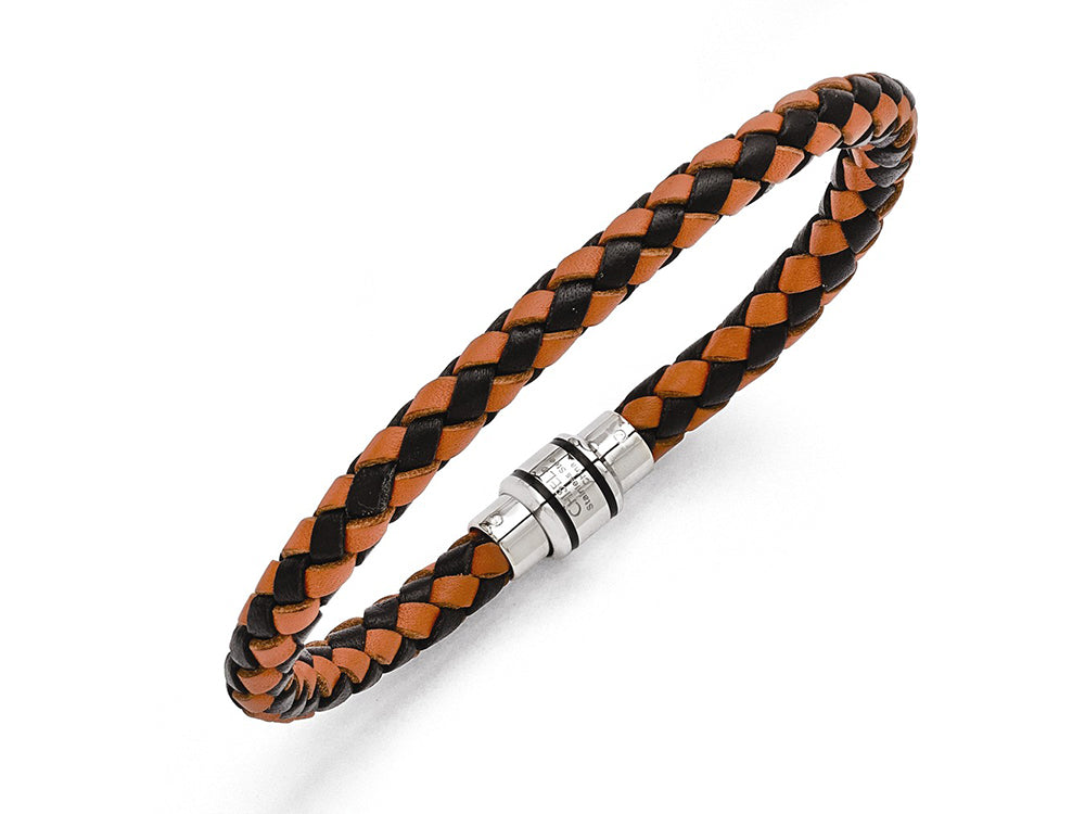 Chisel Stainless Steel Polished Black Ip Black/orange Woven Leather Bracelet