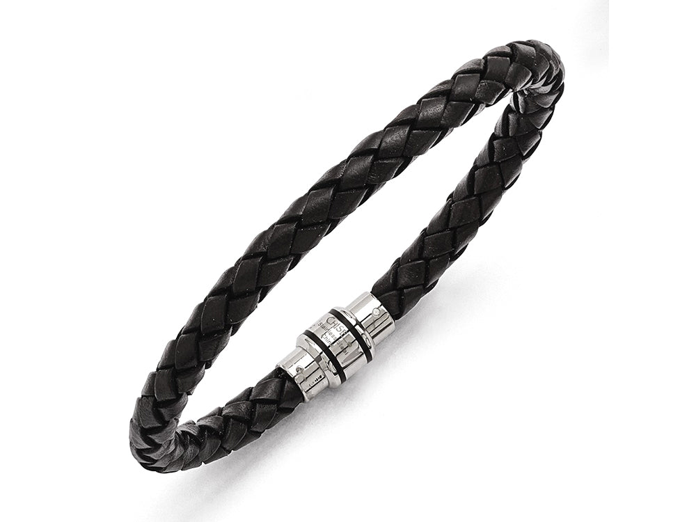 Chisel Stainless Steel Polished Black Ip-plated Black Woven Leather Bracelet