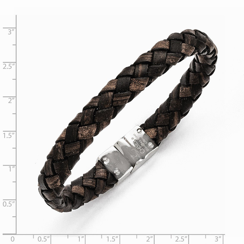 Chisel Stainless Steel Polished Brown Woven Leather Bracelet