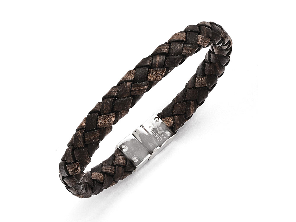 Chisel Stainless Steel Polished Brown Woven Leather Bracelet